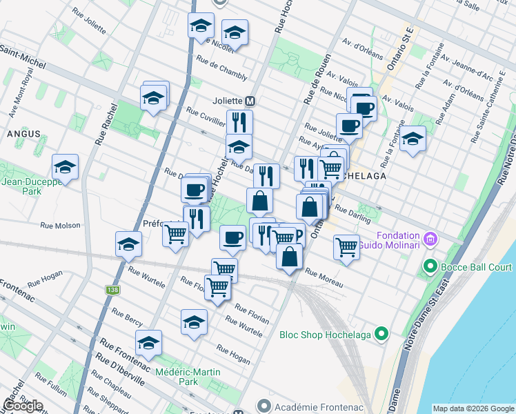map of restaurants, bars, coffee shops, grocery stores, and more near 3203 Rue de Rouen in Montréal