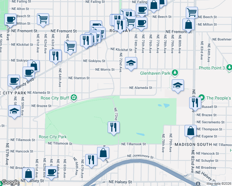 map of restaurants, bars, coffee shops, grocery stores, and more near 7017 Northeast Sacramento Street in Portland