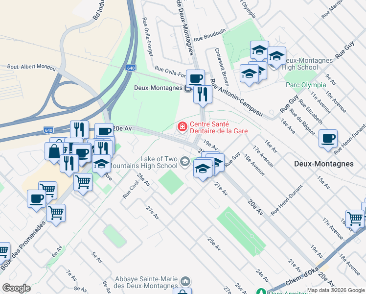 map of restaurants, bars, coffee shops, grocery stores, and more near 568 20e Avenue in Deux-Montagnes