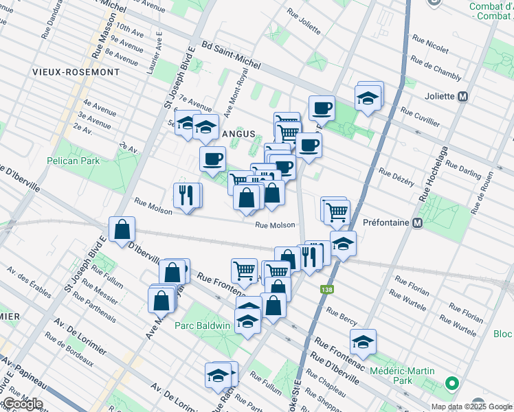 map of restaurants, bars, coffee shops, grocery stores, and more near 4056 Rue Molson in Montréal
