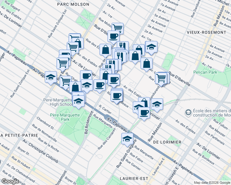 map of restaurants, bars, coffee shops, grocery stores, and more near in Montreal