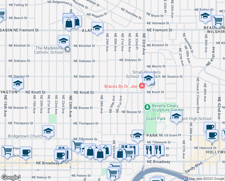 map of restaurants, bars, coffee shops, grocery stores, and more near 2933 Northeast Knott Street in Portland