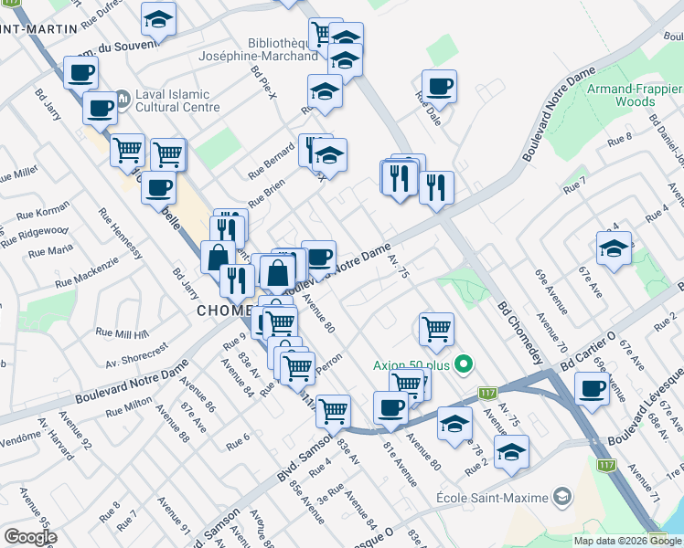 map of restaurants, bars, coffee shops, grocery stores, and more near 3700 Boulevard Notre-Dame in Laval