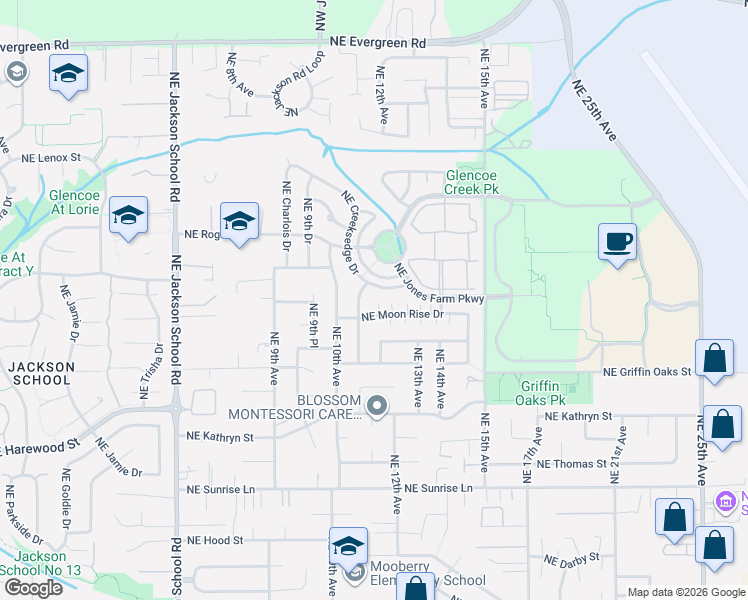 map of restaurants, bars, coffee shops, grocery stores, and more near 2433 Northeast Cafe Way in Hillsboro