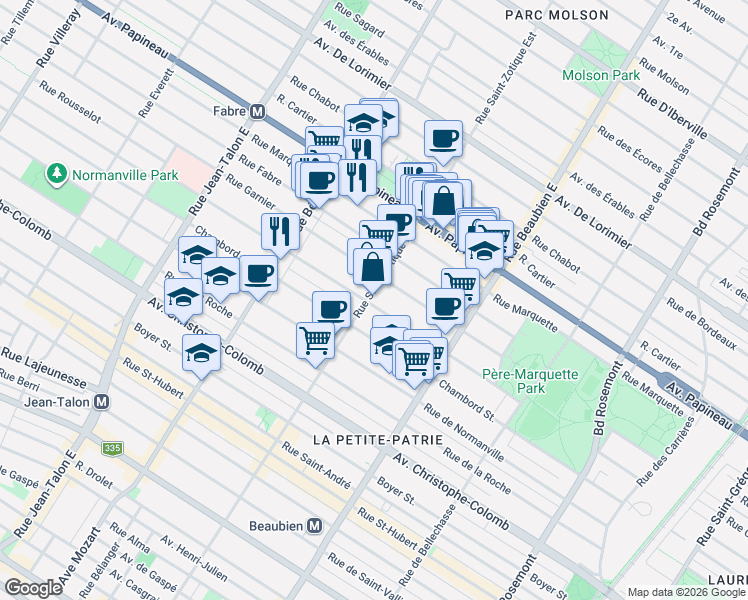 map of restaurants, bars, coffee shops, grocery stores, and more near 1350 Rue Saint-Zotique Est in Montréal