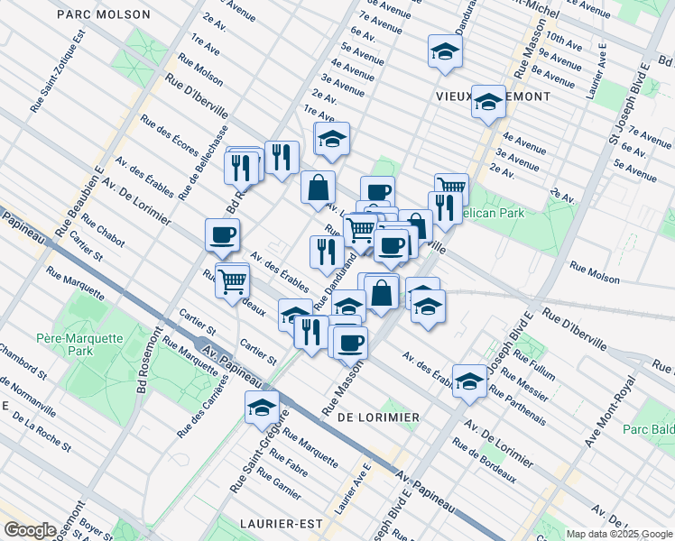 map of restaurants, bars, coffee shops, grocery stores, and more near 2255a Rue Dandurand in Montréal