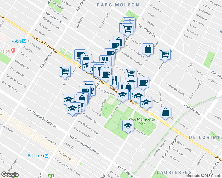 map of restaurants, bars, coffee shops, grocery stores, and more near 6336 Avenue Papineau in Montréal