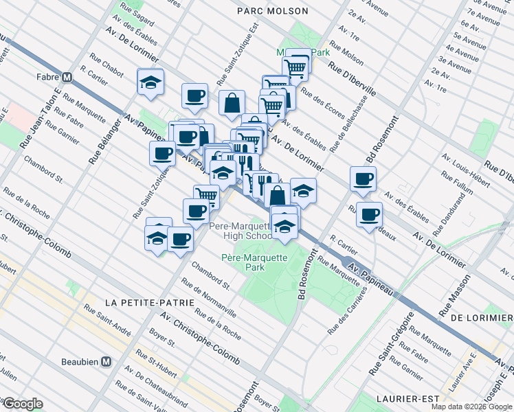 map of restaurants, bars, coffee shops, grocery stores, and more near 6336 Avenue Papineau in Montréal