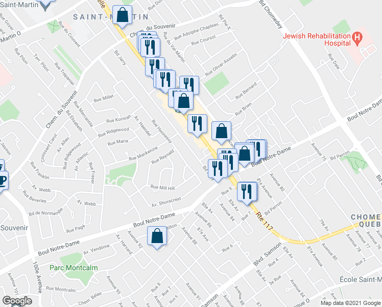 map of restaurants, bars, coffee shops, grocery stores, and more near 990 Boulevard Jarry in Laval