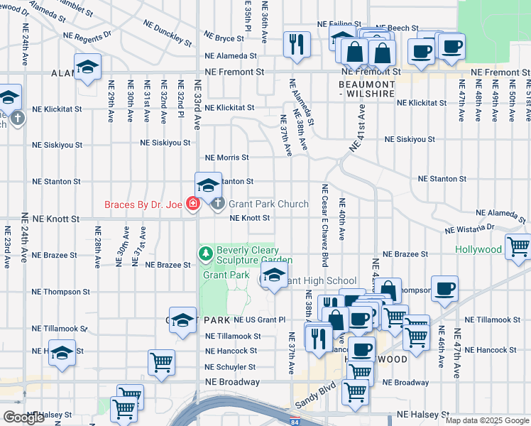 map of restaurants, bars, coffee shops, grocery stores, and more near 3581 Northeast Mathison Place in Portland