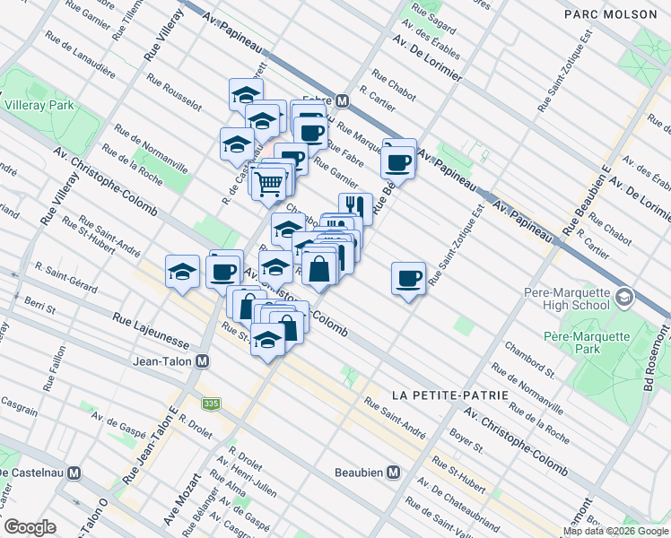 map of restaurants, bars, coffee shops, grocery stores, and more near 1247 Rue Bélanger in Montréal