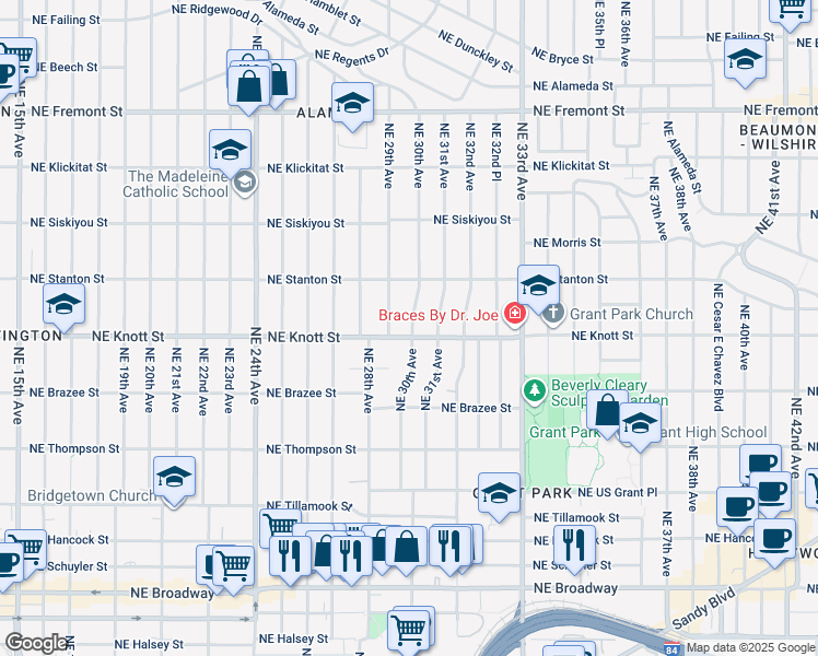 map of restaurants, bars, coffee shops, grocery stores, and more near 2933 Northeast Knott Street in Portland