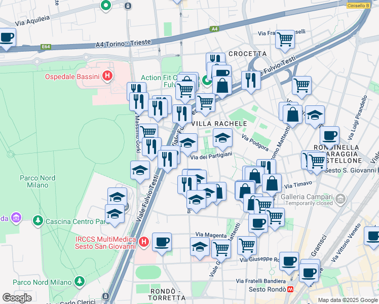 map of restaurants, bars, coffee shops, grocery stores, and more near 16 Via R. Giovagnoli in Cinisello Balsamo