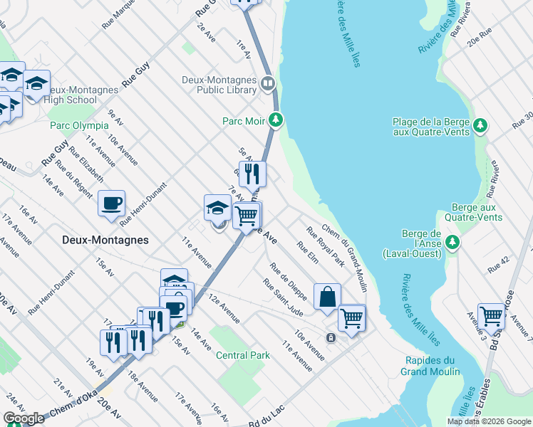 map of restaurants, bars, coffee shops, grocery stores, and more near 158 Rue Elm in Deux-Montagnes