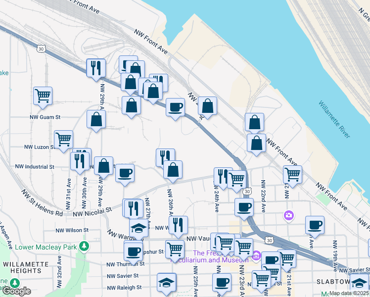 map of restaurants, bars, coffee shops, grocery stores, and more near 3145 NW Yeon Ave in Portland