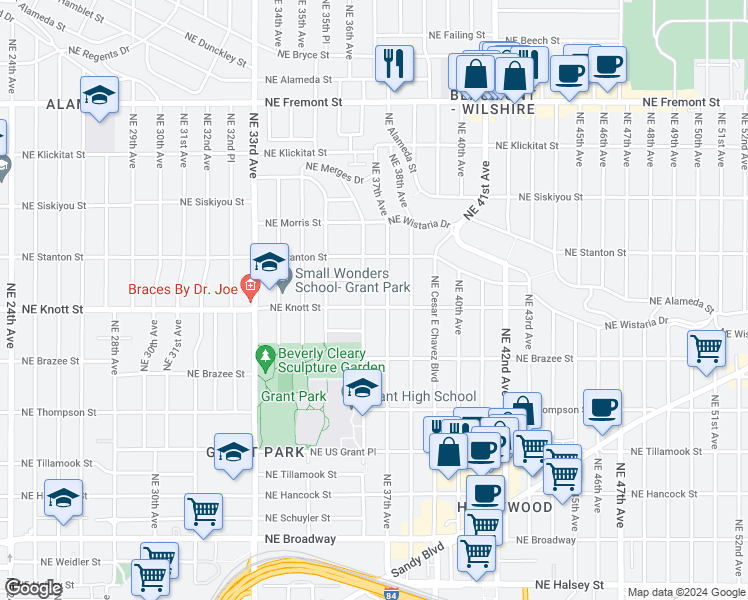 map of restaurants, bars, coffee shops, grocery stores, and more near 3615 Northeast Knott Street in Portland