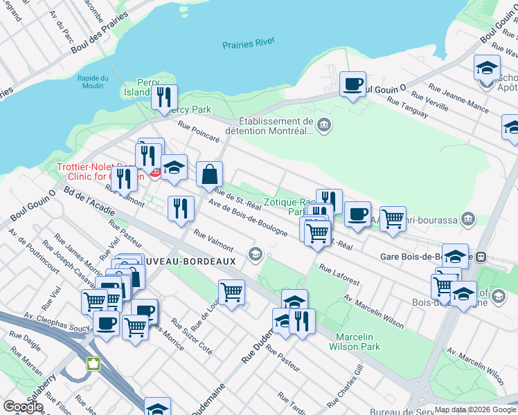 map of restaurants, bars, coffee shops, grocery stores, and more near 11847 Rue de Saint Real in Montreal