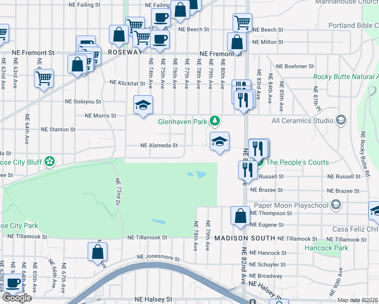 map of restaurants, bars, coffee shops, grocery stores, and more near 2733 Northeast 77th Place in Portland