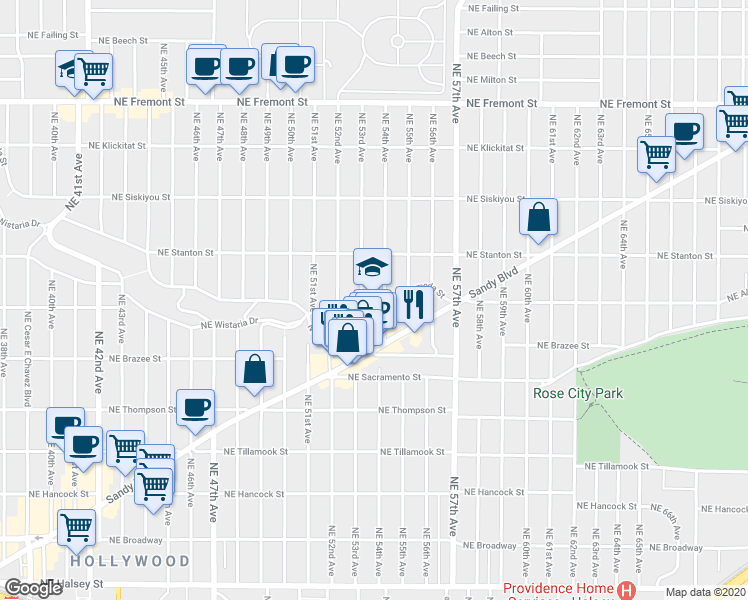 map of restaurants, bars, coffee shops, grocery stores, and more near 5309 Northeast Alameda Street in Portland