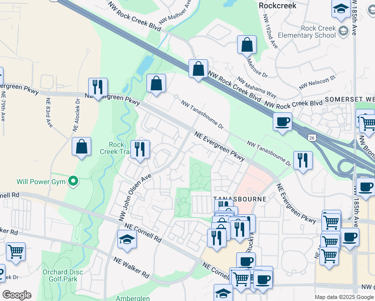 map of restaurants, bars, coffee shops, grocery stores, and more near in Hillsboro