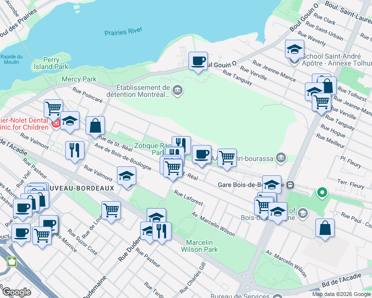 map of restaurants, bars, coffee shops, grocery stores, and more near 11705 Rue Zotique Racicot in Montréal