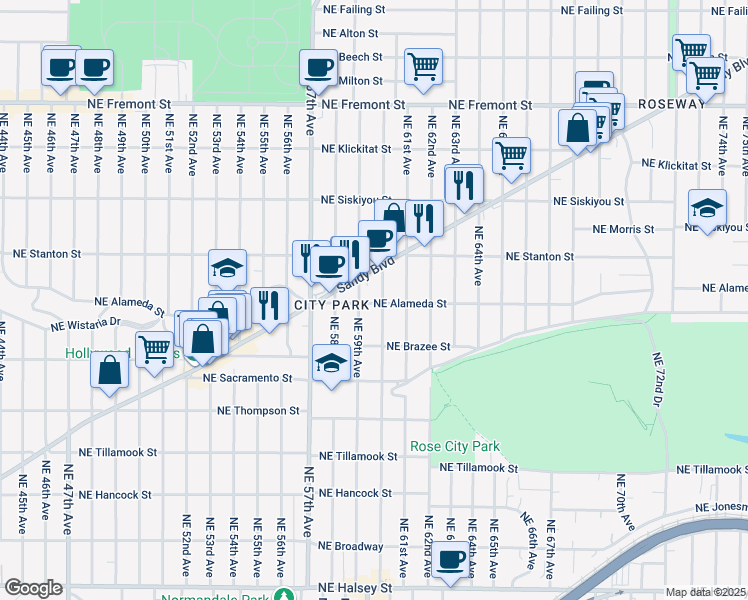 map of restaurants, bars, coffee shops, grocery stores, and more near 5927 Northeast Alameda Street in Portland