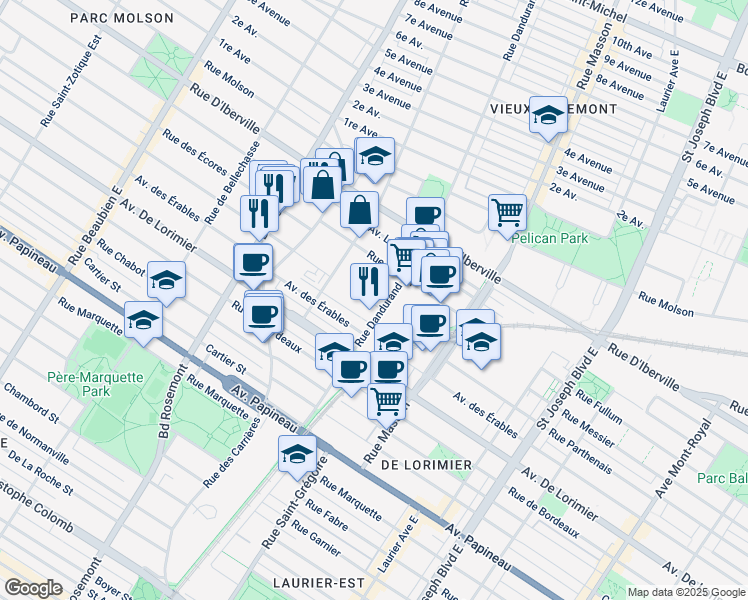 map of restaurants, bars, coffee shops, grocery stores, and more near in Montreal