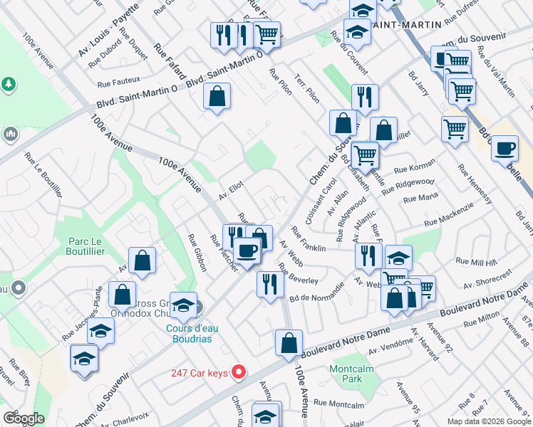 map of restaurants, bars, coffee shops, grocery stores, and more near 1295 Rue Jasmin in Laval