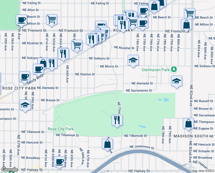 map of restaurants, bars, coffee shops, grocery stores, and more near 2828 Northeast 69th Avenue in Portland