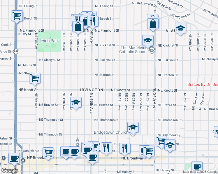 map of restaurants, bars, coffee shops, grocery stores, and more near 2807 Northeast 18th Avenue in Portland