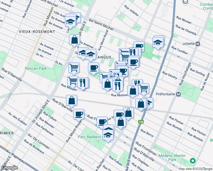 map of restaurants, bars, coffee shops, grocery stores, and more near 2601 Rue William-Tremblay in Montréal