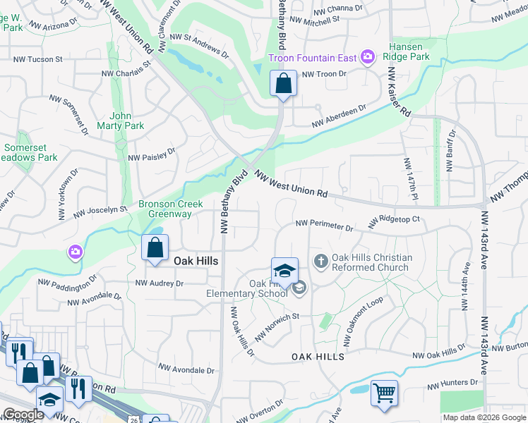 map of restaurants, bars, coffee shops, grocery stores, and more near 3134 Northwest Telshire Terrace in Beaverton