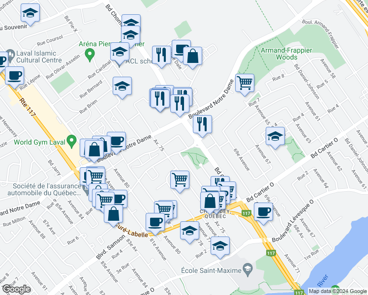 map of restaurants, bars, coffee shops, grocery stores, and more near 3525 Boulevard Perron in Laval