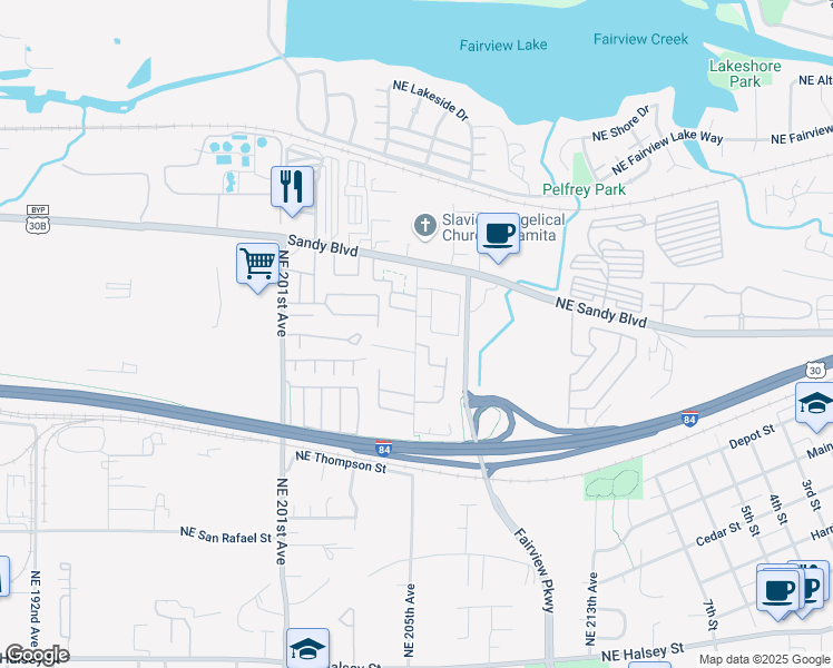 map of restaurants, bars, coffee shops, grocery stores, and more near 2734 Northeast 205th Avenue in Fairview