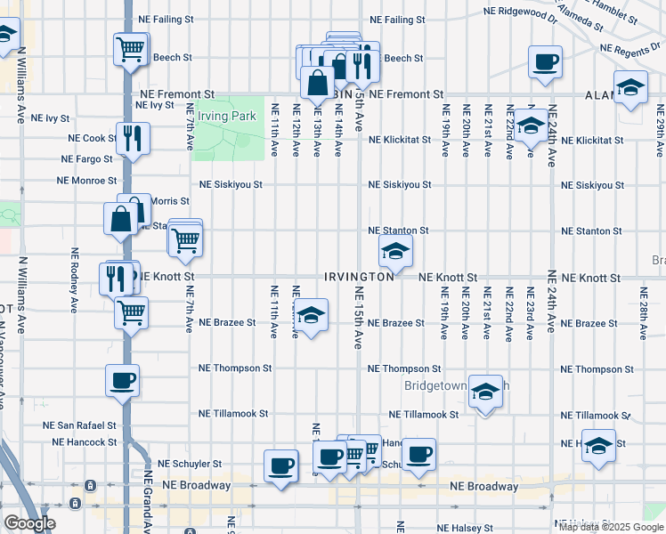 map of restaurants, bars, coffee shops, grocery stores, and more near 2715 Northeast 14th Avenue in Portland