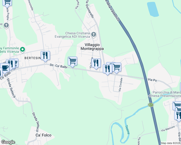 map of restaurants, bars, coffee shops, grocery stores, and more near 6 Via Ca' Balbi in Villaggio Montegrappa