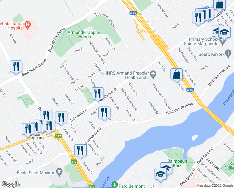 map of restaurants, bars, coffee shops, grocery stores, and more near 353 61e Av in Laval