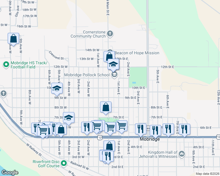 map of restaurants, bars, coffee shops, grocery stores, and more near 114 10th Street East in Mobridge