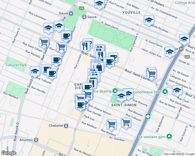 map of restaurants, bars, coffee shops, grocery stores, and more near 111 Rue Chabanel Ouest in Montréal