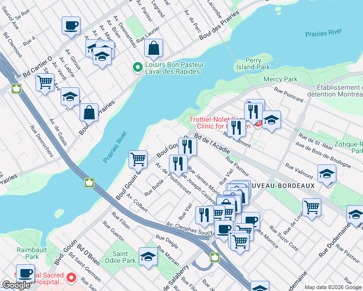 map of restaurants, bars, coffee shops, grocery stores, and more near 2250 Boulevard Gouin Ouest in Montréal