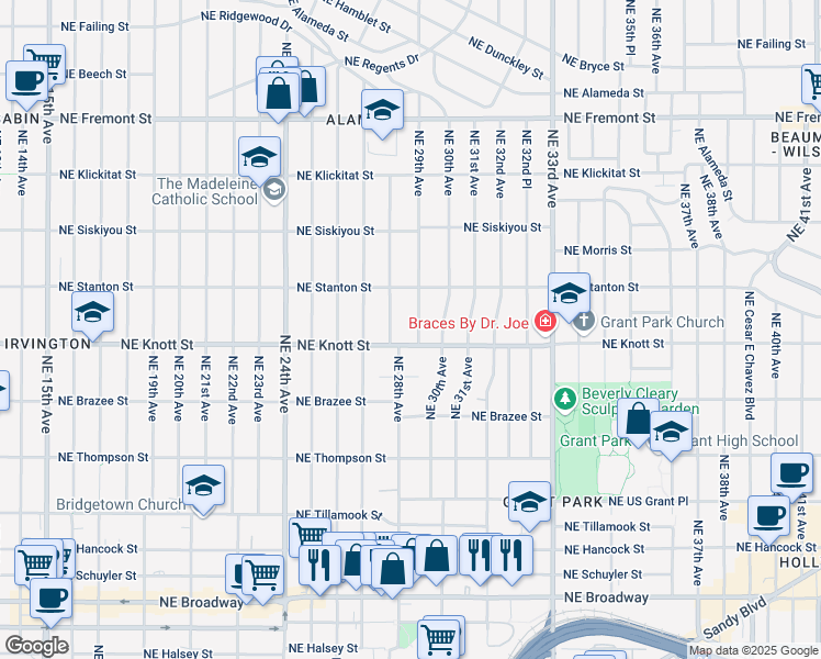 map of restaurants, bars, coffee shops, grocery stores, and more near 2814 Northeast 28th Avenue in Portland