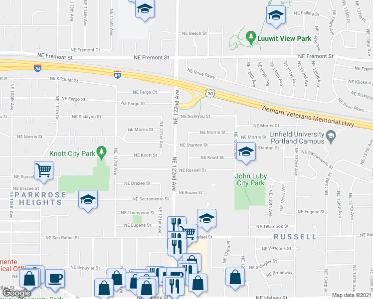 map of restaurants, bars, coffee shops, grocery stores, and more near 12245 Northeast Stanton Street in Portland