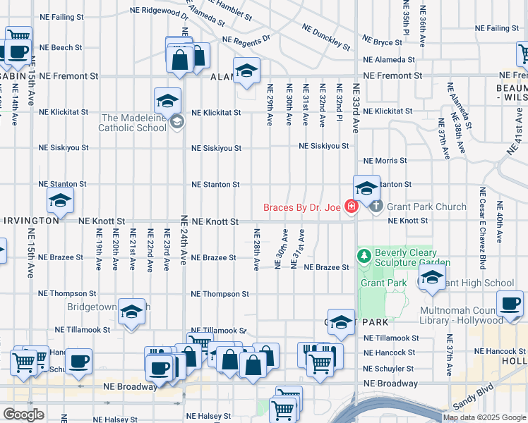 map of restaurants, bars, coffee shops, grocery stores, and more near 2814 Northeast 28th Avenue in Portland