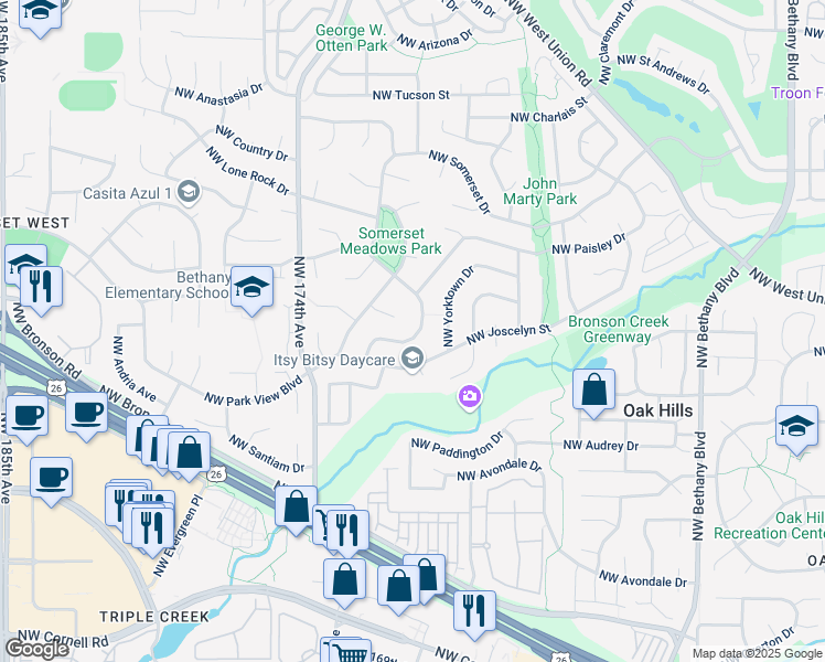 map of restaurants, bars, coffee shops, grocery stores, and more near 3273 Northwest Ashland Drive in Beaverton