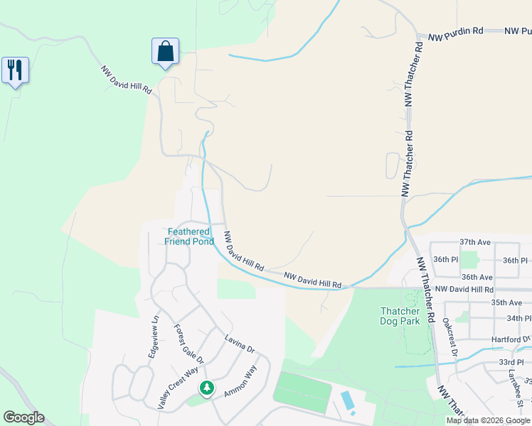map of restaurants, bars, coffee shops, grocery stores, and more near 45157 Northwest David Hill Road in Forest Grove