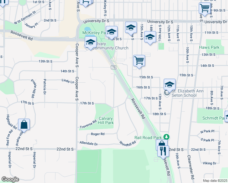 map of restaurants, bars, coffee shops, grocery stores, and more near 1511 Washington Memorial Drive in St. Cloud