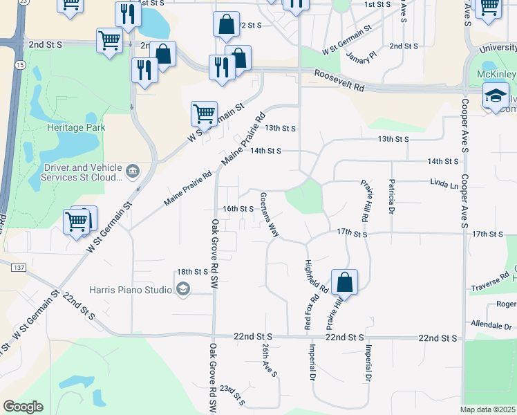 map of restaurants, bars, coffee shops, grocery stores, and more near 2 Goettens Way in St. Cloud