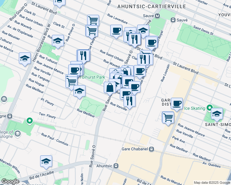 map of restaurants, bars, coffee shops, grocery stores, and more near 250 Rue Sauvé Ouest in Montréal