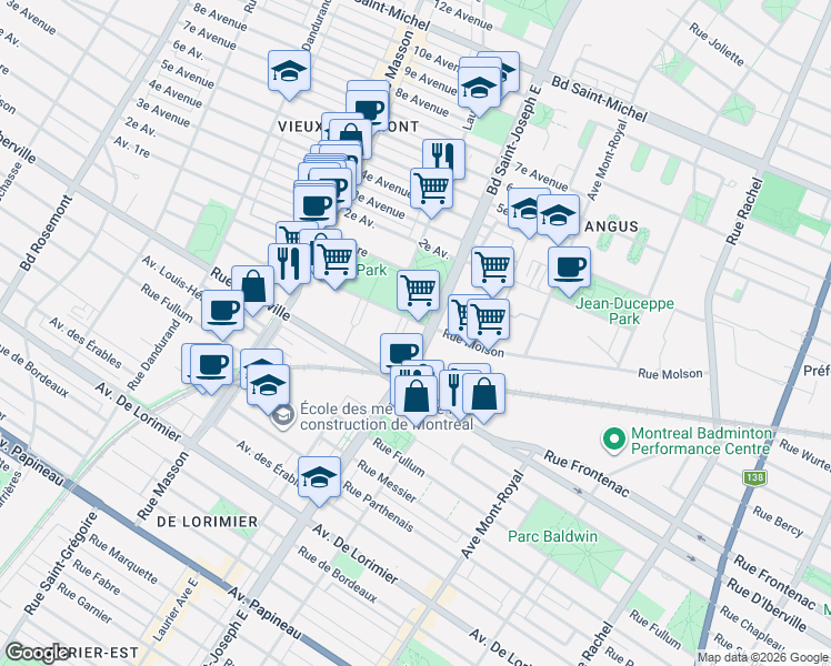 map of restaurants, bars, coffee shops, grocery stores, and more near 5100 Rue Molson in Montréal