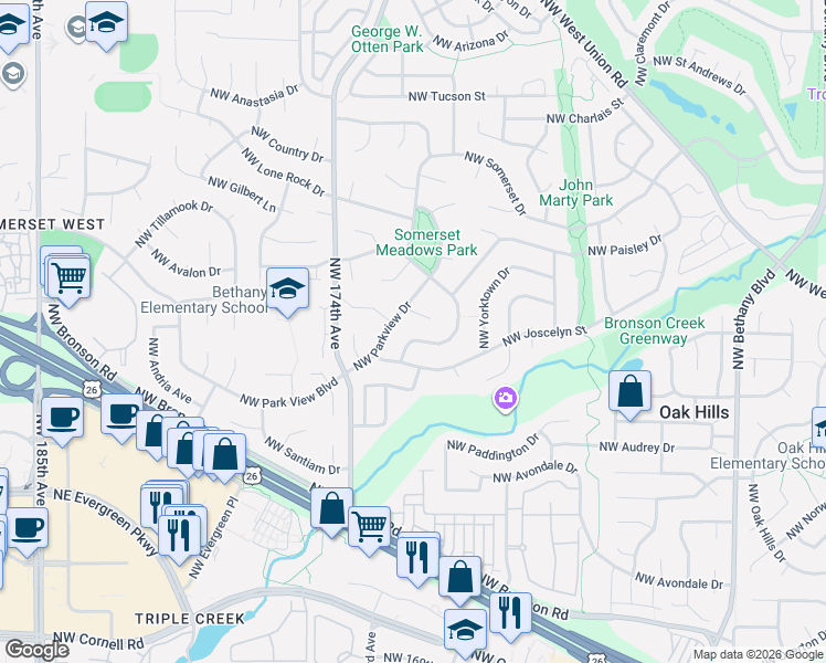 map of restaurants, bars, coffee shops, grocery stores, and more near 3161 Northwest Ashland Drive in Beaverton